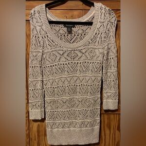 White House Black Market Open-Knit Crewneck Sweater - Taupe/metallic NWOT Small